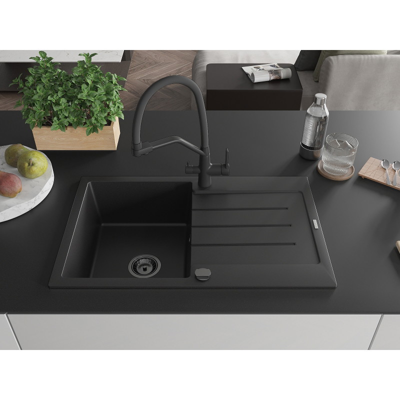 Mexen Bruno granitinė vienos kameros kriauklė su nusausinimo paviršiumi ir Duo virtuvės maišytuvu, juoda