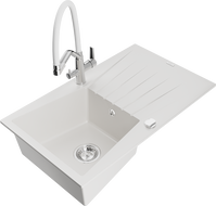 Mexen Cesar vieno dubens granitinė plautuvė su nusausintuvu ir Duo virtuviniu maišytuvu, balta - 6514-20-671701-02