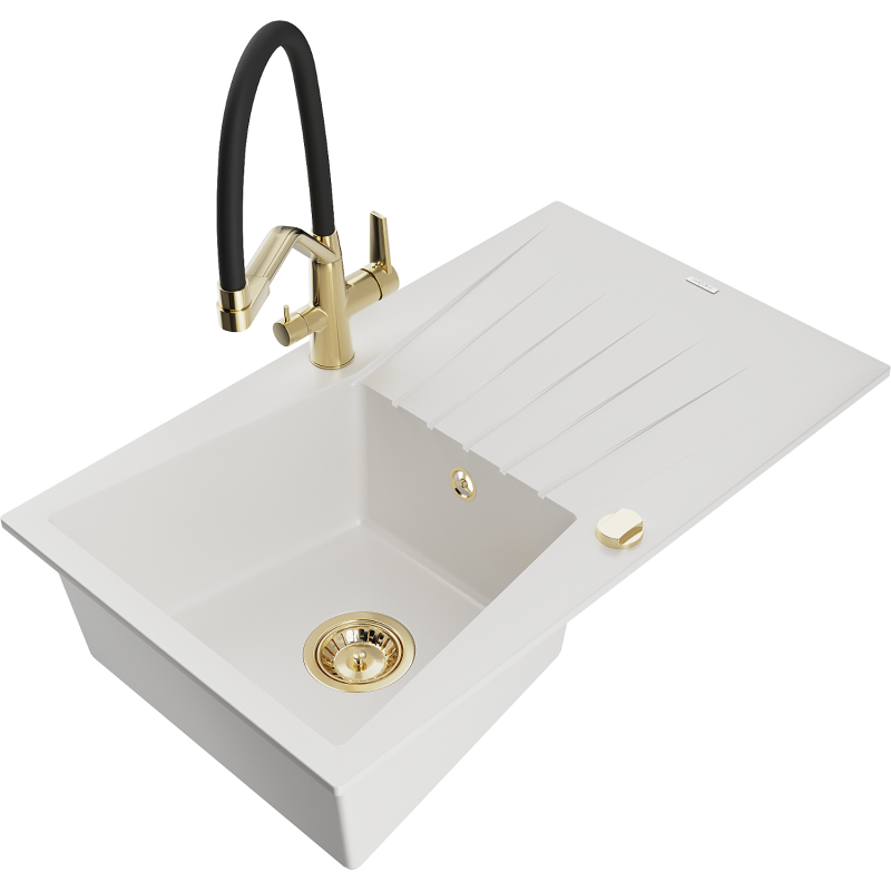 Mexen Cesar stačiakampė granitinė plautuvė su nutekamąja zona ir virtuviniu maišytuvu Duo, balta - 6514-20-671701-57-G