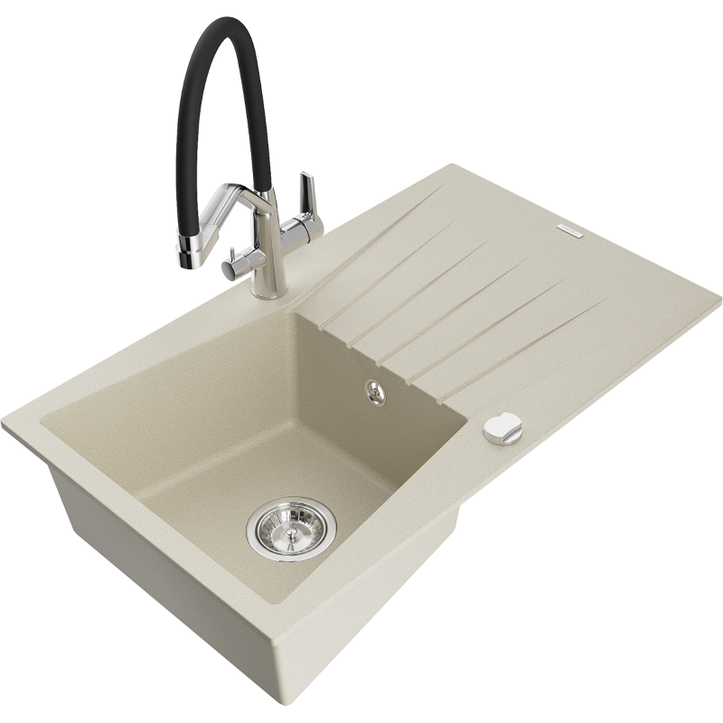 Mexen Cesar granito kriauklė su viena kamera ir nutekėjimu bei Duo virtuviniu maišytuvu, smėlio spalvos - 6514-69-671701-07