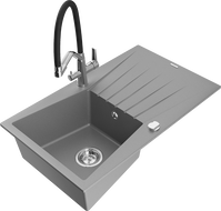 Mexen Cesar granitinis vienos sekcijos plautuvė su nutekamuoju padėklu ir virtuviniu maišytuvu Duo, pilkas - 6514-71-671701-07