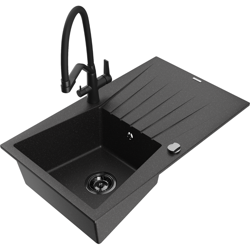 Mexen Cesar granitinė vienos plautuvės kriauklė su nuvarvėjimo zona ir virtuvės maišytuvu Duo, juoda/sidabrinė metalo