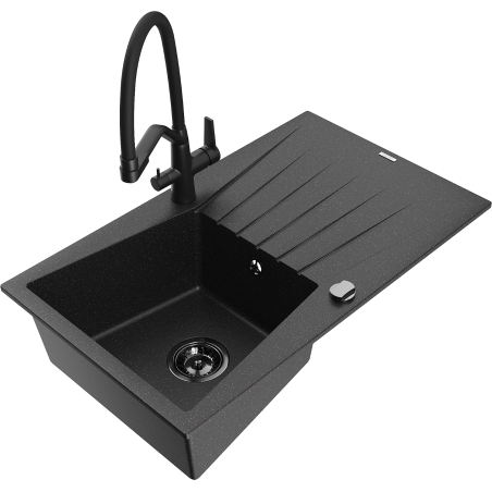 Mexen Cesar granitinė vienos plautuvės kriauklė su nuvarvėjimo zona ir virtuvės maišytuvu Duo, juoda/sidabrinė metalo