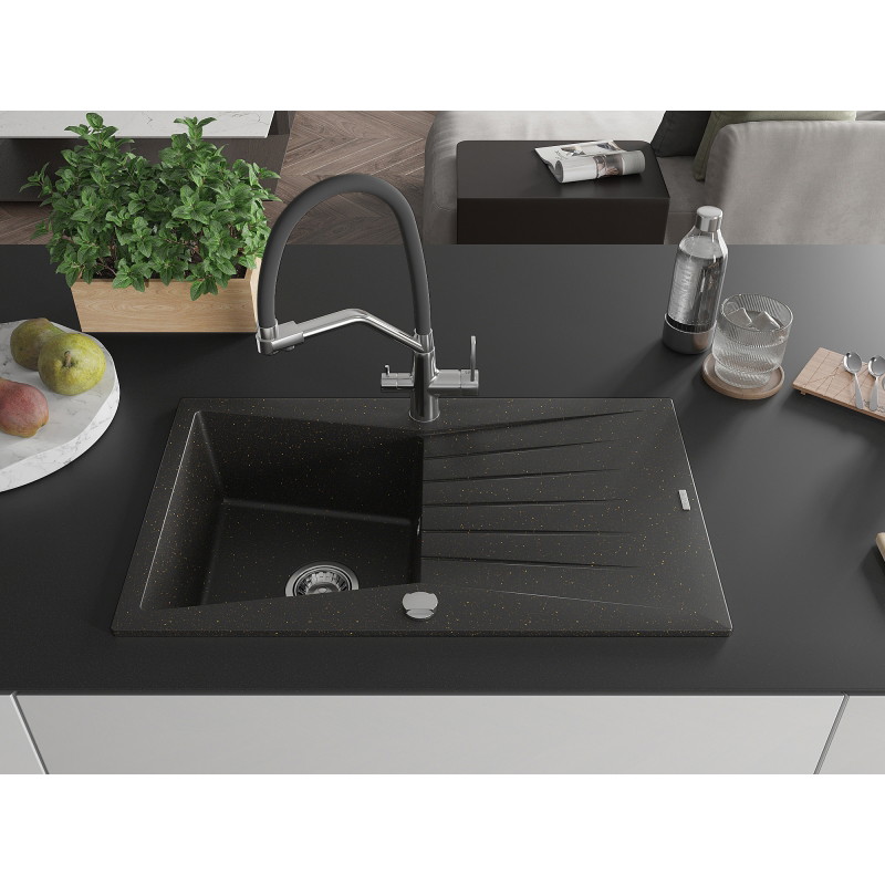 Mexen Cesar vienos kameros granito plautuvė su nutekėjimo zona ir Duo virtuviniu maišytuvu, juoda/auksinė metalo atspalvis