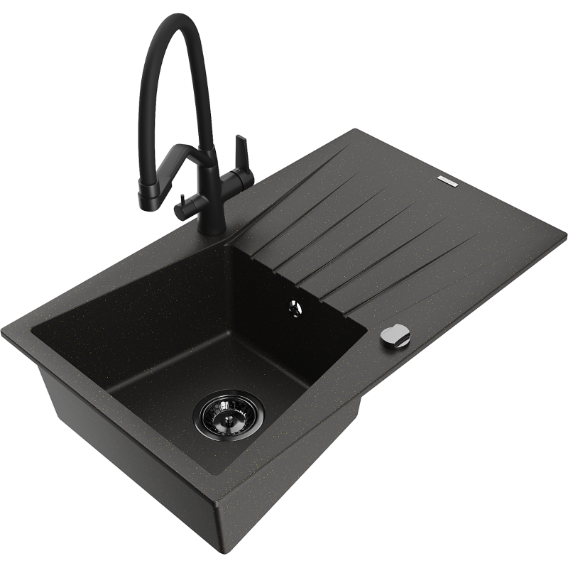 Mexen Cesar granitinė plautuvė su 1 plovimo kamera, drenažu ir virtuviniu maišytuvu Duo, juodos/auksinės metalinės spalvos