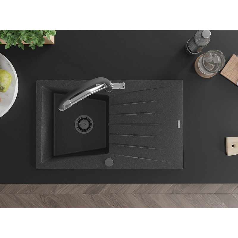 Mexen Cesar granitinis kriauklė su vienu dubeniu ir nutekamu, su virtuviniu maišytuvu Duo, juodas dėmėtas - 6514-76-671701-07-B
