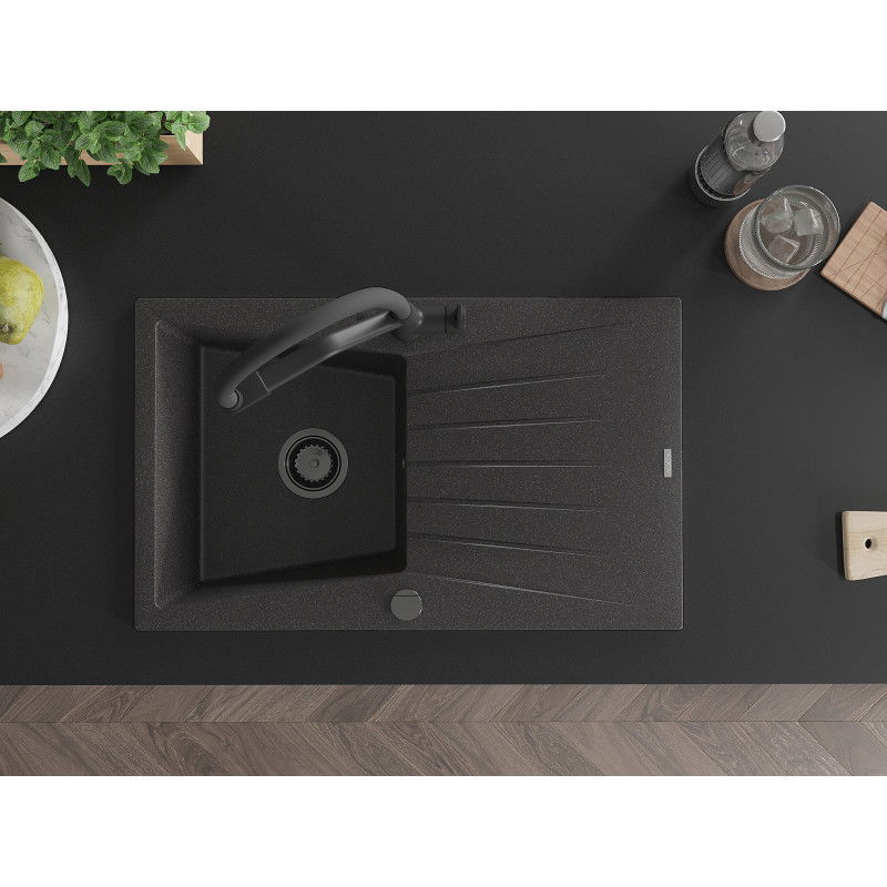 Mexen Cesar vienkamerė granitinė plautuvė su nutekėjimu ir Duo virtuviniu maišytuvu, juoda taškuota - 6514-76-671701-70-B