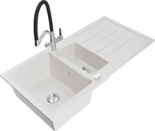 Mexen Andres granitinis virtuvės kriauklė 1,5 dubenių su nusausinimu ir Duo virtuvės maišytuvu, balta - 6515-20-671701-07