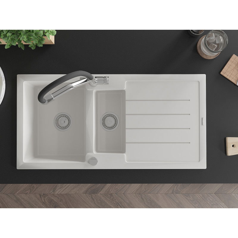 Mexen Andres granitinis virtuvės kriauklė 1,5 dubenių su nusausinimu ir Duo virtuvės maišytuvu, balta - 6515-20-671701-07