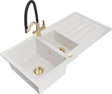 Mexen Andres 1,5 kamerų granito kriauklė su nutekamuoju ir Duo virtuviniu maišytuvu, balta - 6515-20-671701-57-G