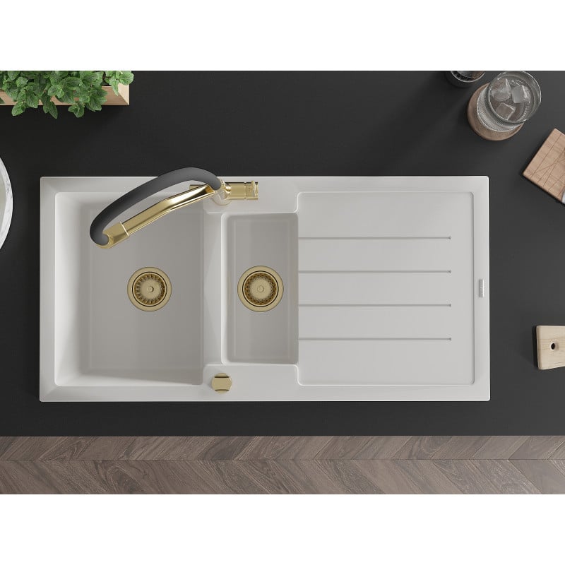 Mexen Andres 1,5 kamerų granito kriauklė su nutekamuoju ir Duo virtuviniu maišytuvu, balta - 6515-20-671701-57-G