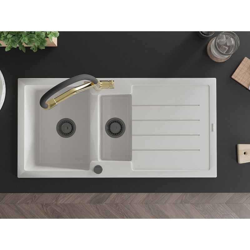 Mexen Andres granito kriauklė 1,5 skyrelio su indaplove ir virtuviniu maišytuvu Duo, balta - 6515-20-671701-57-B