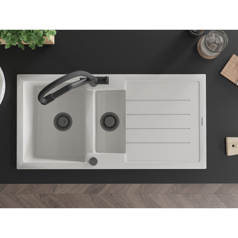 Mexen Andres granitinis 1,5 skyreliu plautuvė su nutekamais ir Duo virtuviniu maišytuvu, baltas - 6515-20-671701-70-B