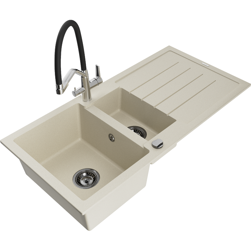 Mexen Andres 1,5 kamerų granitinė plautuvė su nusausintuvu ir Duo virtuviniu maišytuvu, smėlinė - 6515-69-671701-07-B