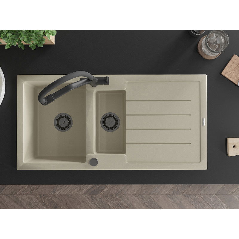 Mexen Andres granitinis kriauklė 1,5 kamerų su nusausintuvu ir virtuviniu maišytuvu Duo, smėlio spalvos - 6515-69-671701-70-B