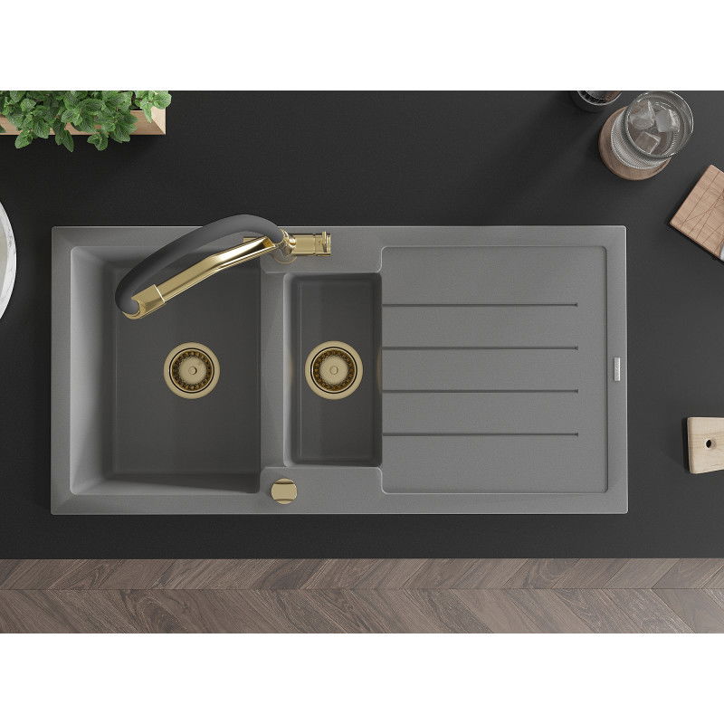 Mexen Andres granito plautuvė pusantro dubens su nutekamu ir Duo virtuvės maišytuvu, pilka - 6515-71-671701-57-G