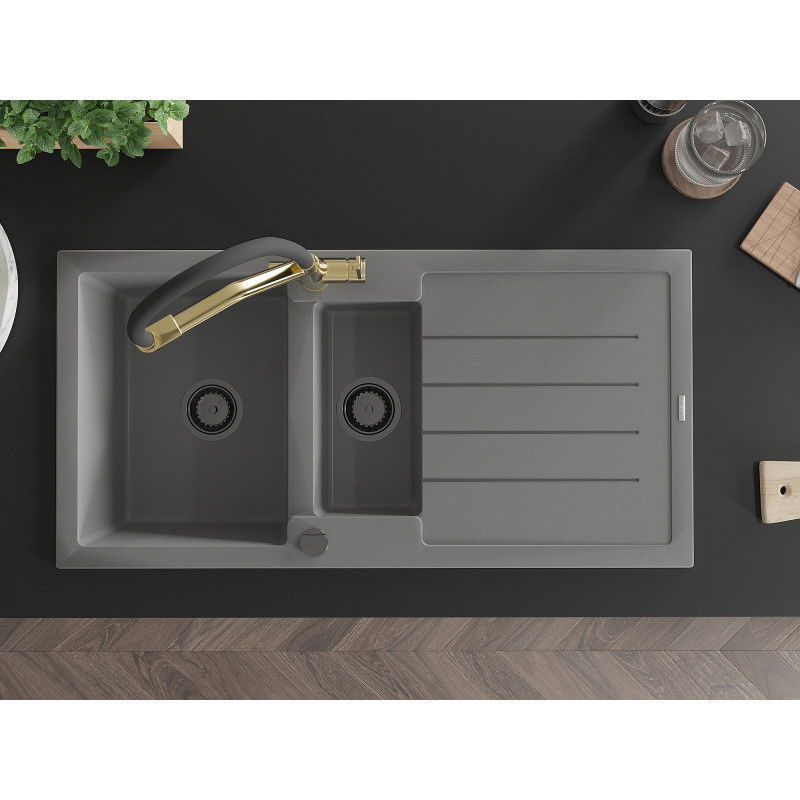 Mexen Andres granitinė virtuvės plautuvė 1,5 dalių su nutekėjimu ir Duo maišytuvu, pilka - 6515-71-671701-57-B