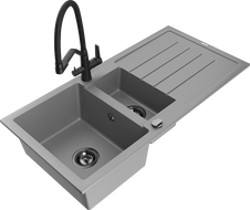 Mexen Andres granitinis 1,5 skyrių plautuvas su lašintuvu ir virtuvės maišytuvu Duo, pilkas - 6515-71-671701-70-B