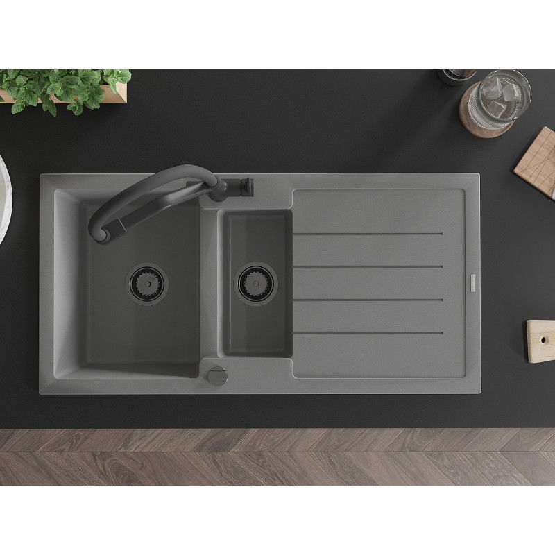 Mexen Andres granitinis 1,5 skyrių plautuvas su lašintuvu ir virtuvės maišytuvu Duo, pilkas - 6515-71-671701-70-B