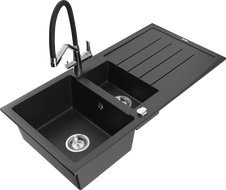 Mexen Andres granitinė 1,5 skylių plautuvė su nuvarvėtu ir Duo virtuviniu maišytuvu, juoda/sidabrinis metalikas