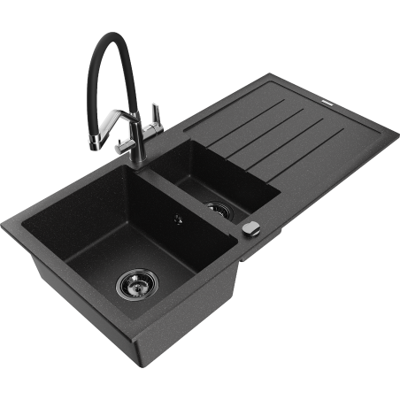 Mexen Andres granito plautuvė su 1,5 kameromis, drenažu ir virtuviniu maišytuvu Duo, juoda/sidabrinė - 6515-73-671701-07-B