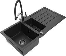 Mexen Andres granito plautuvė su 1,5 kameromis, drenažu ir virtuviniu maišytuvu Duo, juoda/sidabrinė - 6515-73-671701-07-B