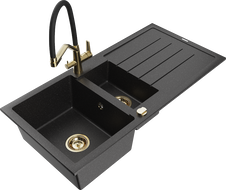 Mexen Andres granitinė 1,5 skylių kriauklė su nusausintuvu ir Duo virtuvės maišytuvu, juoda/sidabrinė - 6515-73-671701-57-G