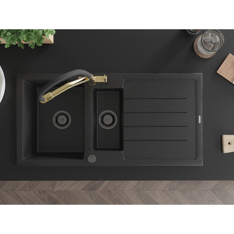 Mexen Andres granitinis 1,5 sekcijų kriauklė su nusausintuvu ir Duo virtuviniu maišytuvu, juoda/sidabrinė - 6515-73-671701-57-B
