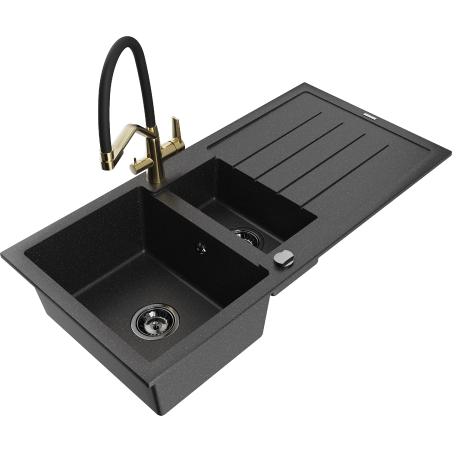 Mexen Andres granitinis 1,5 sekcijų kriauklė su nusausintuvu ir Duo virtuviniu maišytuvu, juoda/sidabrinė - 6515-73-671701-57-B