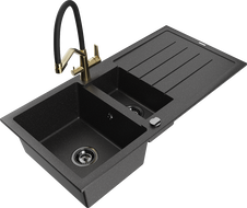 Mexen Andres granitinis 1,5 sekcijų kriauklė su nusausintuvu ir Duo virtuviniu maišytuvu, juoda/sidabrinė - 6515-73-671701-57-B