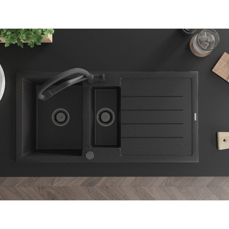 Mexen Andres granitinė 1,5-dažų kriauklė su nusausintuvu ir virtuvės baterija Duo, juoda/sidabrinė - 6515-73-671701-70-B