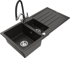 Mexen Andres granito kriauklė 1,5 skyrių su nutekėjimu ir virtuvės maišytuvu Duo, juoda/auksinis metalikas - 6515-75-671701-07