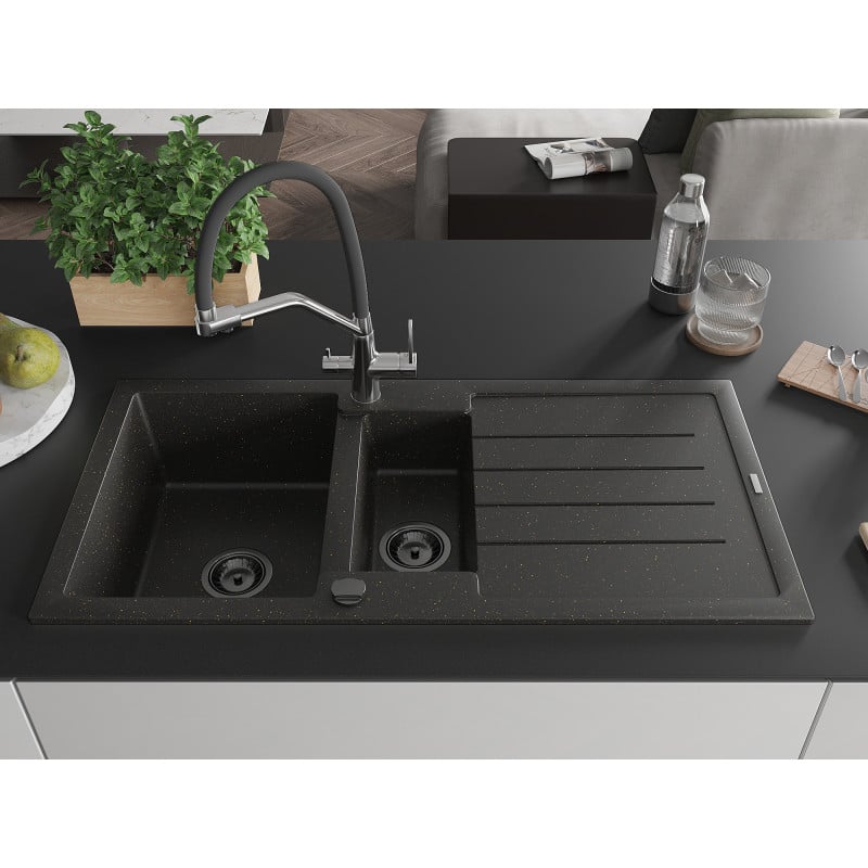 Mexen Andres granitinė 1,5 kamerų plautuvė su nusausintuvu ir virtuviniu maišytuvu Duo, juoda/auksinė metalika