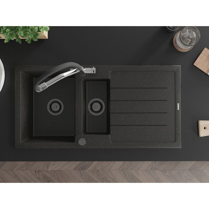 Mexen Andres granitinė 1,5 kamerų plautuvė su nusausintuvu ir virtuviniu maišytuvu Duo, juoda/auksinė metalika