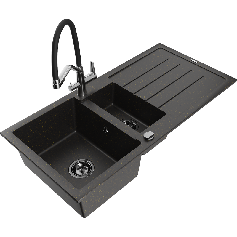 Mexen Andres granitinė 1,5 kamerų plautuvė su nusausintuvu ir virtuviniu maišytuvu Duo, juoda/auksinė metalika