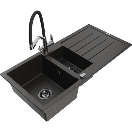 Mexen Andres granitinė 1,5 kamerų plautuvė su nusausintuvu ir virtuviniu maišytuvu Duo, juoda/auksinė metalika