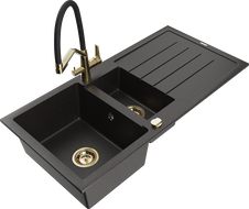 Mexen Andres 1,5 kamerų granitinė plautuvė su nutekėjimu ir virtuvės čiaupu "Duo", juodas/auksinis metallic