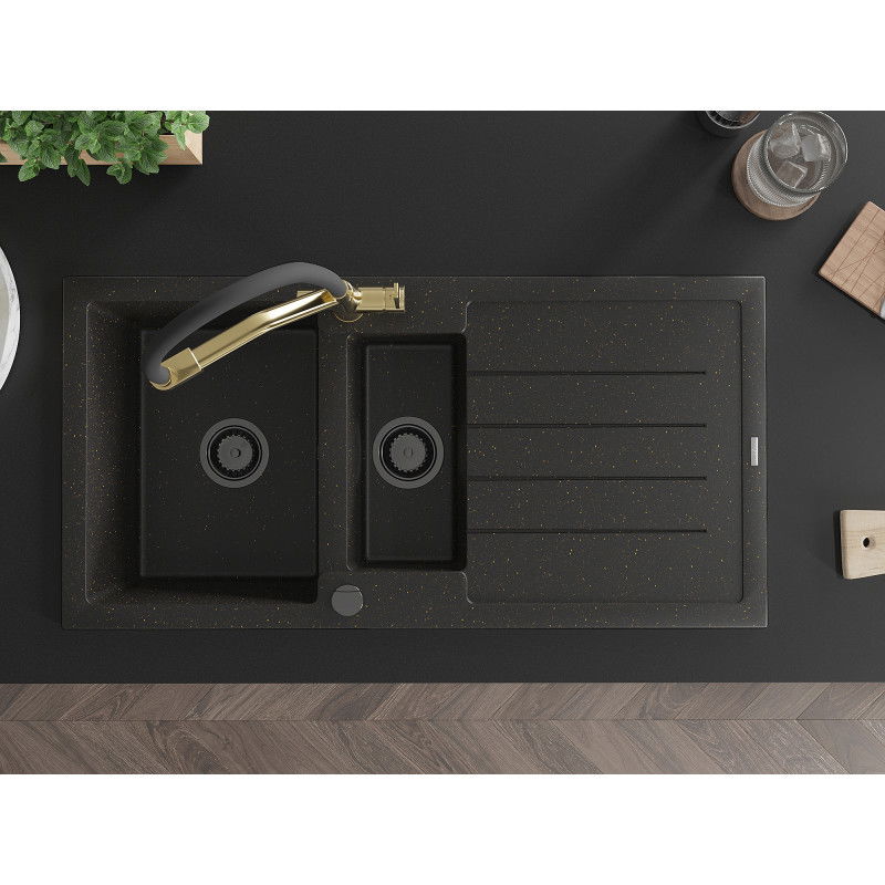 Mexen Andres granitinė 1,5 kameros kriauklė su nutekėjimu ir virtuviniu maišytuvu Duo, juoda/auksinė metalic