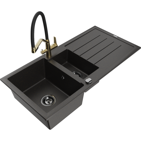 Mexen Andres granitinė 1,5 kameros kriauklė su nutekėjimu ir virtuviniu maišytuvu Duo, juoda/auksinė metalic