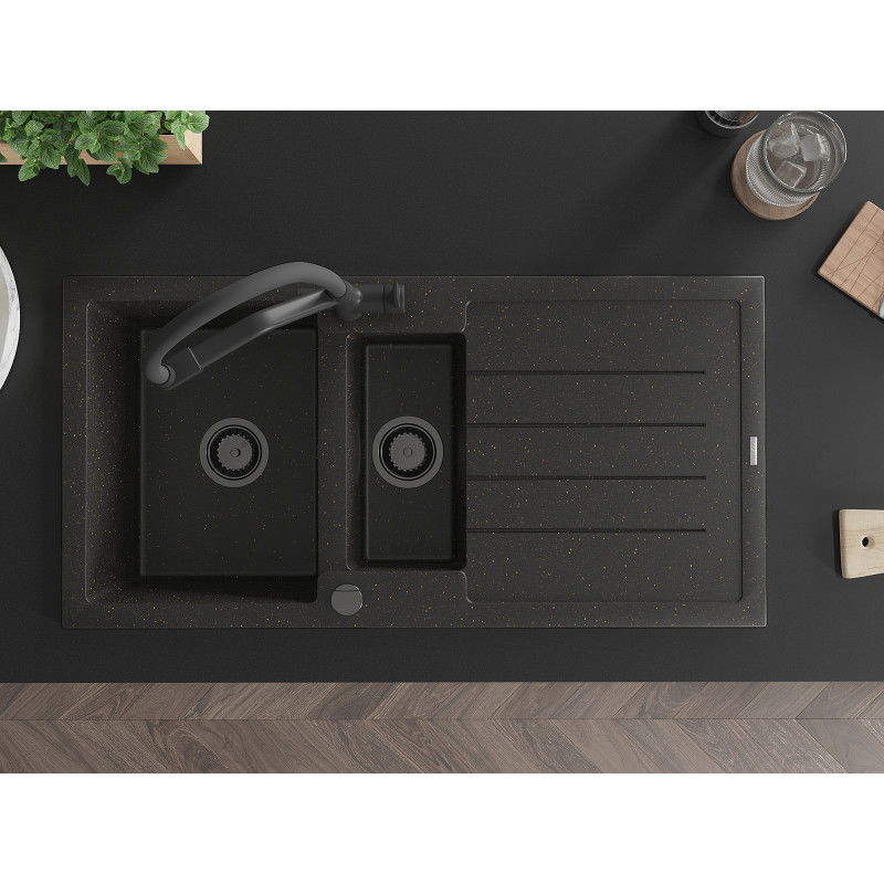 Mexen Andres granito plautuvė 1,5 skylių su drenažu ir virtuvės maišytuvu Duo, juoda/auksinė metalo - 6515-75-671701-70-B