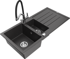 Mexen Andres 1,5 kamerų granito plautuvė su nusausintuvu ir virtuviniu maišytuvu Duo, juodos spalvos su dėmėmis