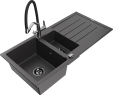 Mexen Andres granitinė kriauklė 1,5 kamerų su nusausintuvu ir virtuviniu maišytuvu Duo, juodas margas - 6515-76-671701-07-B