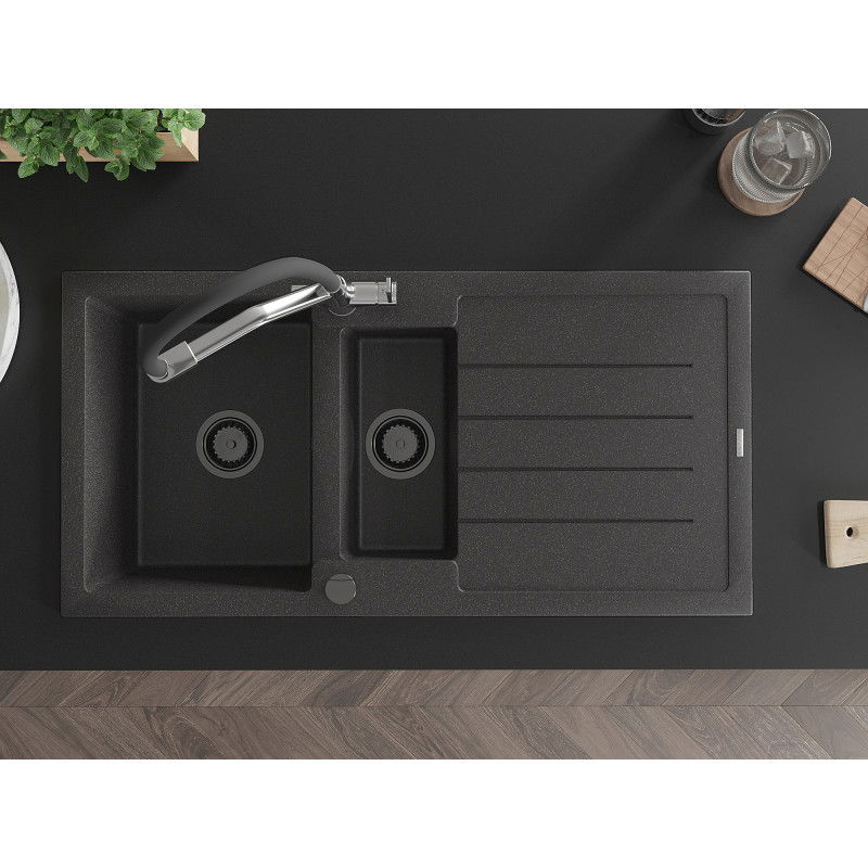 Mexen Andres granitinė kriauklė 1,5 kamerų su nusausintuvu ir virtuviniu maišytuvu Duo, juodas margas - 6515-76-671701-07-B