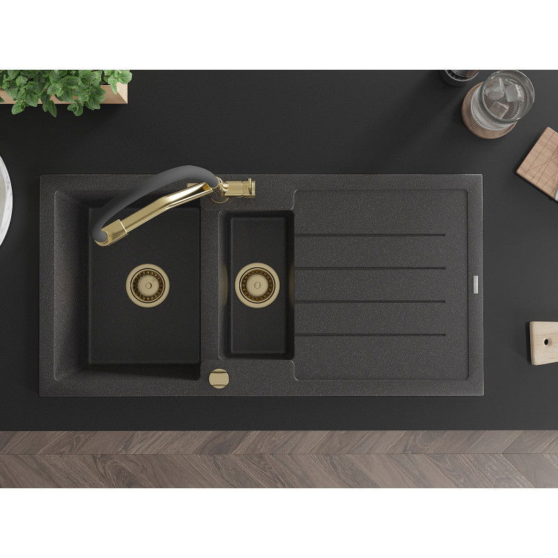 Mexen Andres granitinė 1,5 kambario kriauklė su nutekėjimu ir virtuvės maišytuvu Duo, juoda su taškeliais