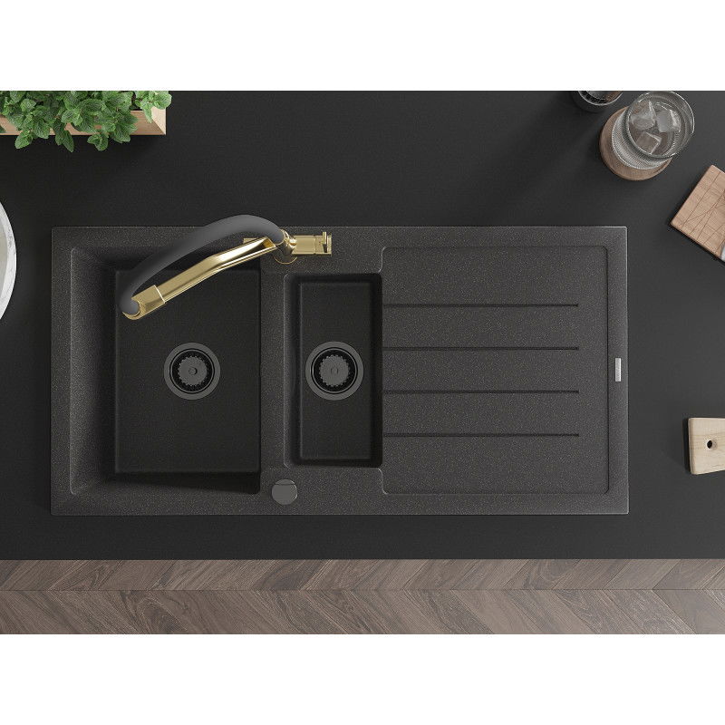 Mexen Andres Vienos su puse kameros granitinė kriauklė su nusausintuvu ir Duo virtuvės maišytuvu, juoda dėmėta