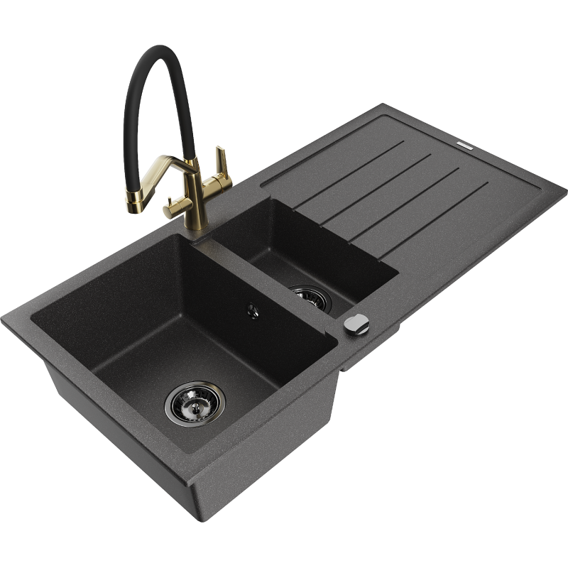 Mexen Andres Vienos su puse kameros granitinė kriauklė su nusausintuvu ir Duo virtuvės maišytuvu, juoda dėmėta