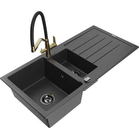 Mexen Andres Vienos su puse kameros granitinė kriauklė su nusausintuvu ir Duo virtuvės maišytuvu, juoda dėmėta