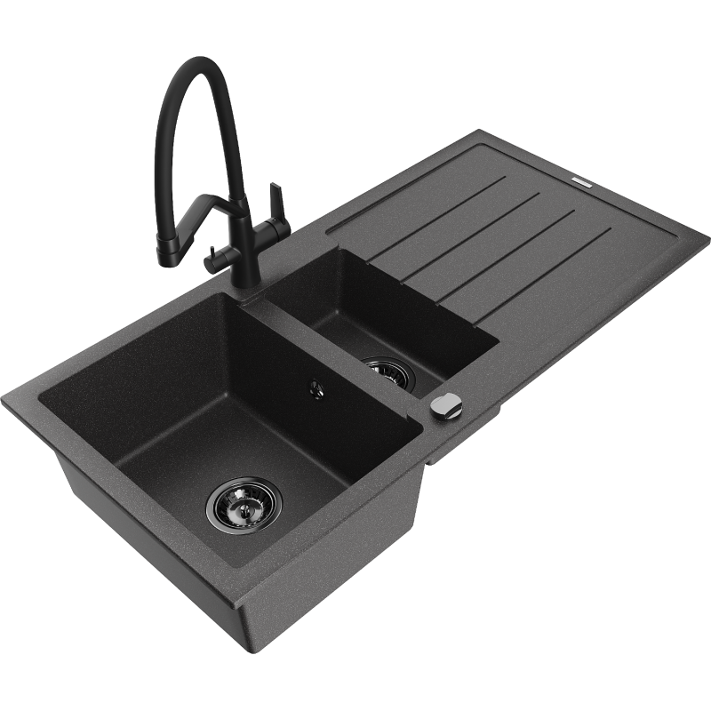 Mexen Andres granitinė 1,5 kamerų virtuvės kriauklė su nusausintuvu ir virtuviniu maišytuvu Duo, juoda dėmėta