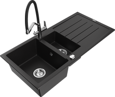 Mexen Andres granito kriauklė 1,5 skylių su nusausintuvu ir virtuviniu maišytuvu Duo, juodas - 6515-77-671701-07