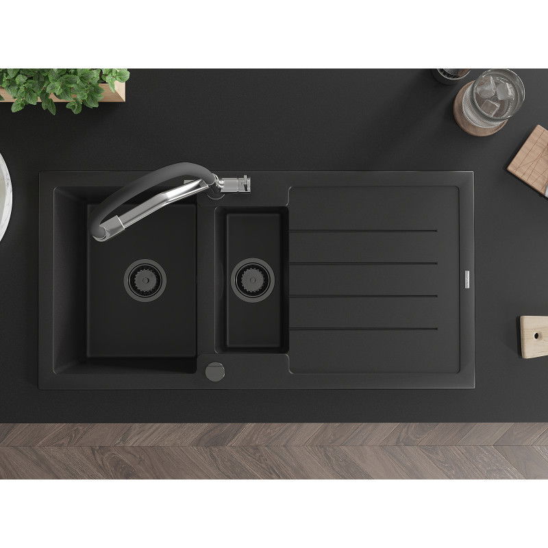 Mexen Andres granito plautuvė su 1,5 sekcija ir vandens nusausintuvu ir virtuvės maišytuvu Duo, juoda - 6515-77-671701-07-B